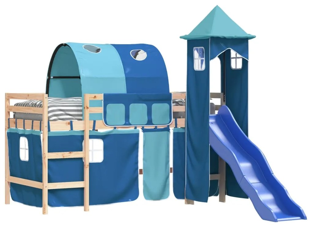 Letto a soppalco con torre bambini blu 80x200cm massello pino