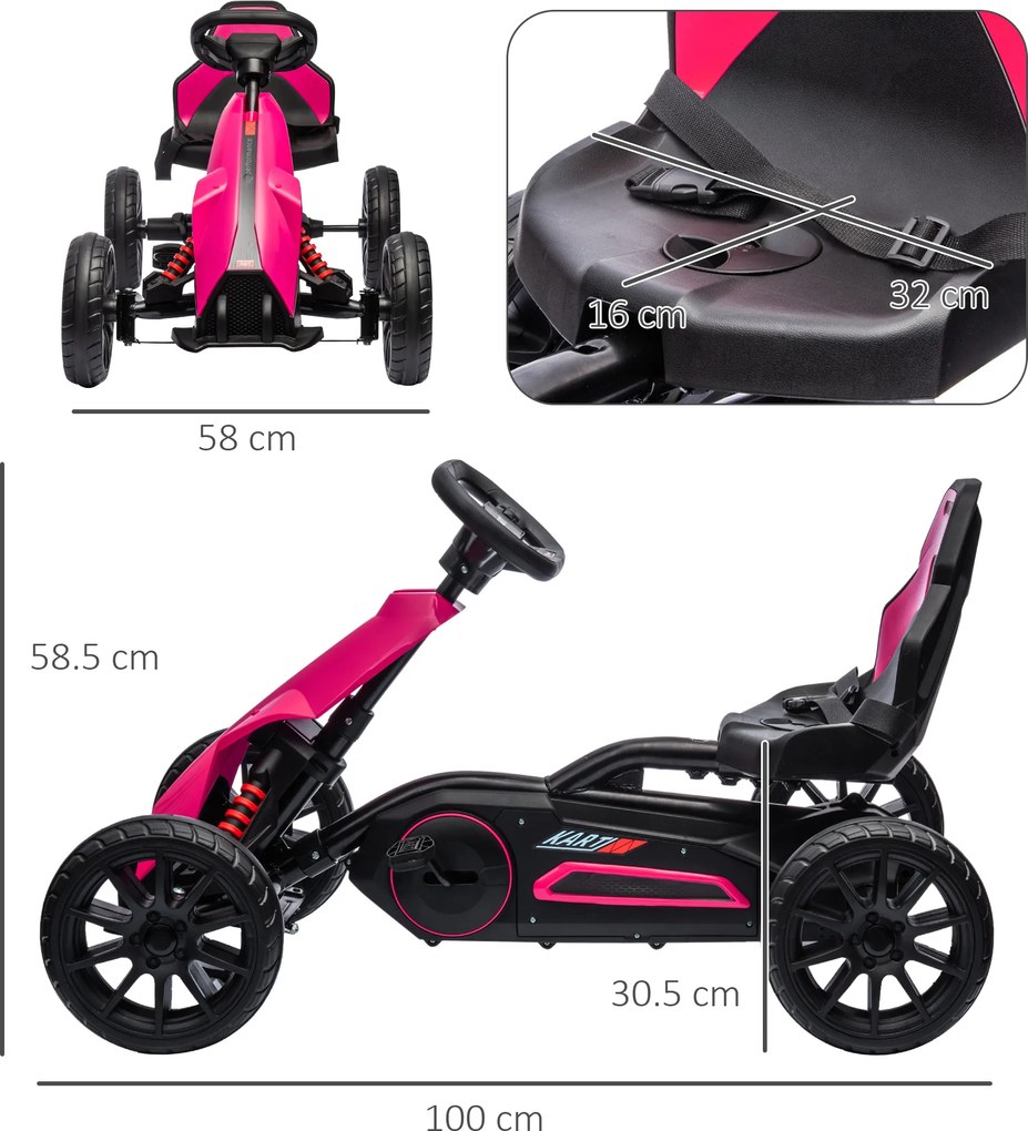 Go Kart a Pedali per Bambini 3-8 Anni 100x58x58,5 cm con Sedile Regolabile e Ruote in EVA Rosa e Nero...