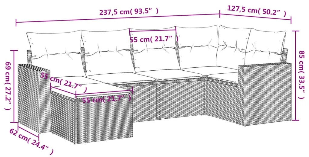 Set divano da giardino 6pz con cuscini grigio chiaro polyrattan