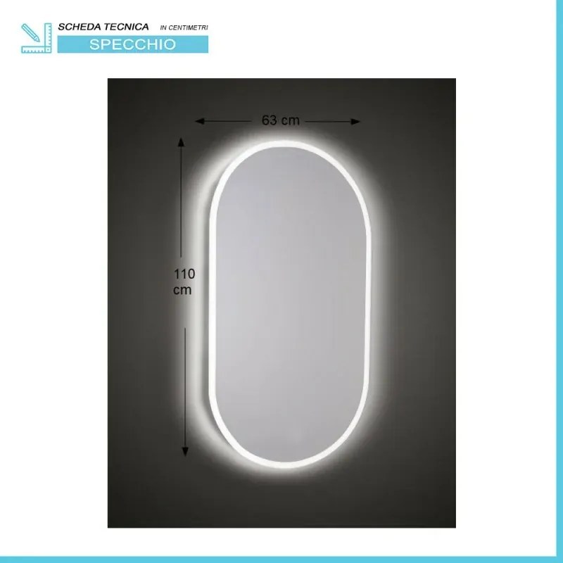 Specchio ovale reversibile 63x110 sabbiatura LED perimetrale retroilluminata