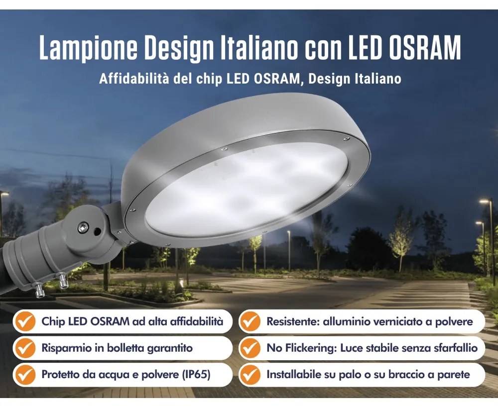 Lampione Stradale LED 40W, 147lm/W, IP65 Snodo Ø68mm Colore Bianco Caldo 3.000K