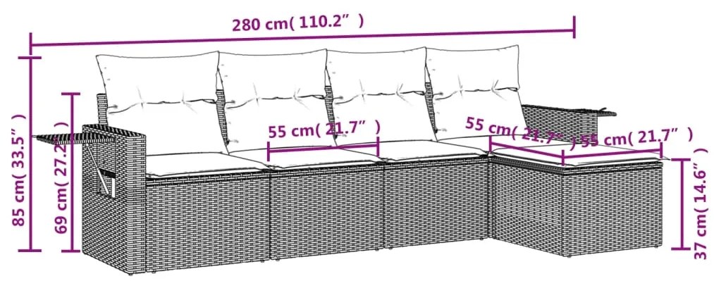 Set divano da giardino 5pz con cuscini grigio chiaro polyrattan