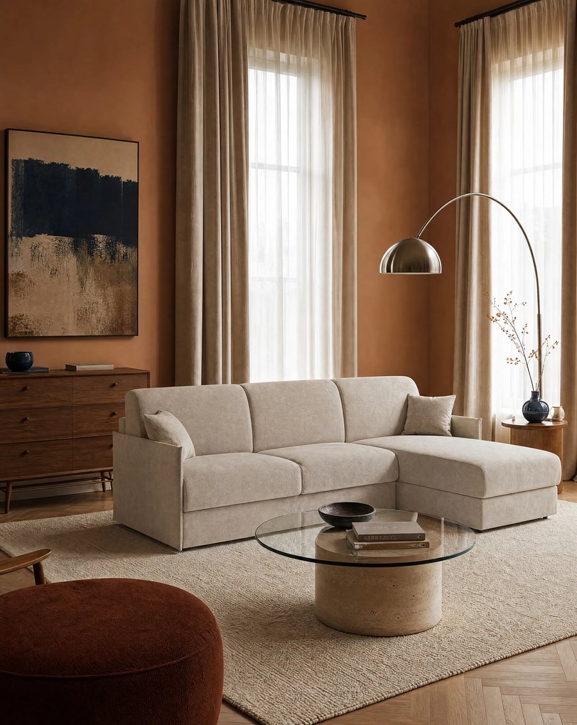 Evans Divano letto angolare con penisola contenitore - design compatto in tessuto smacchiabile T23