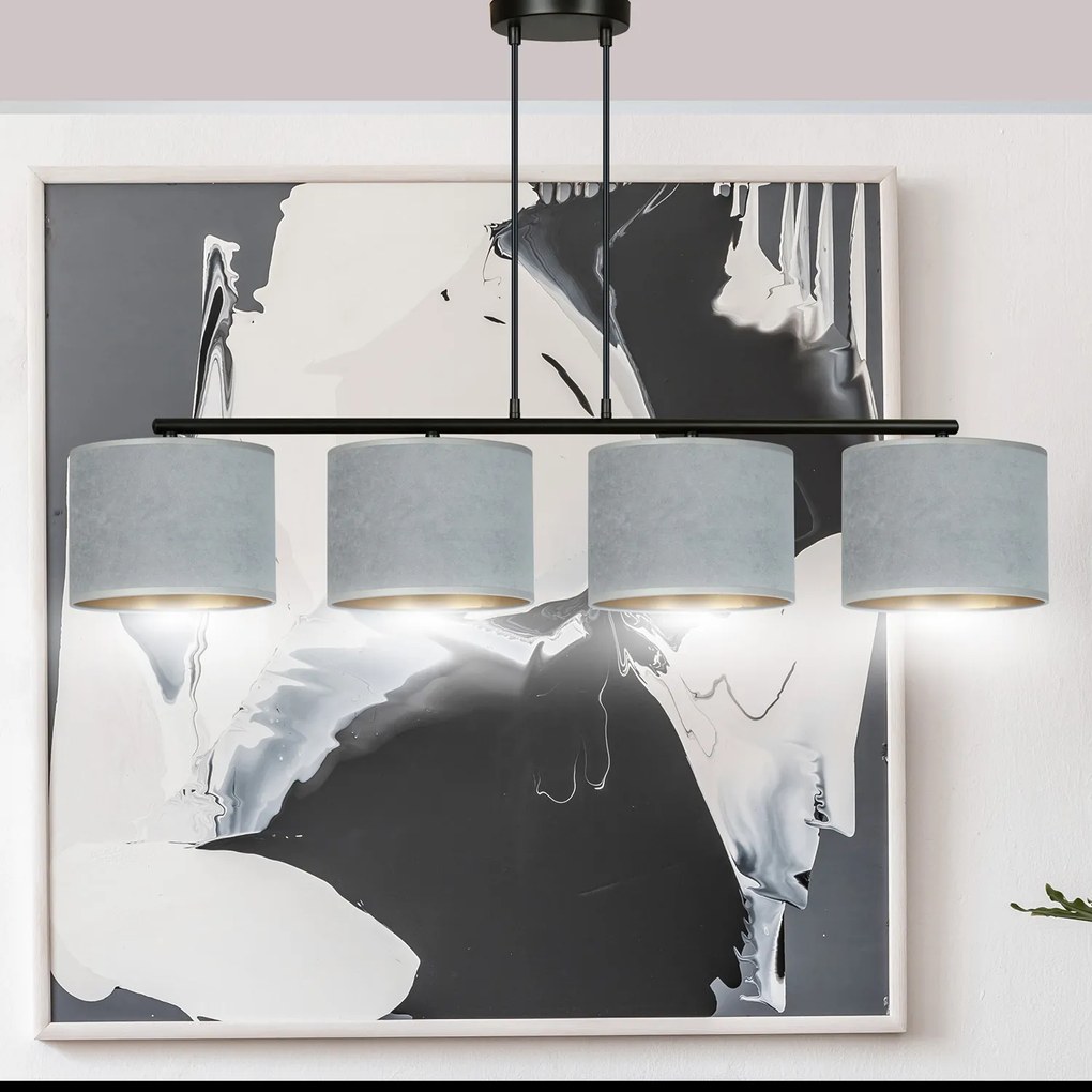 Lampadario 4 Luci Ganesha In Acciaio Nero E Paralumi In Tessuto Grigio