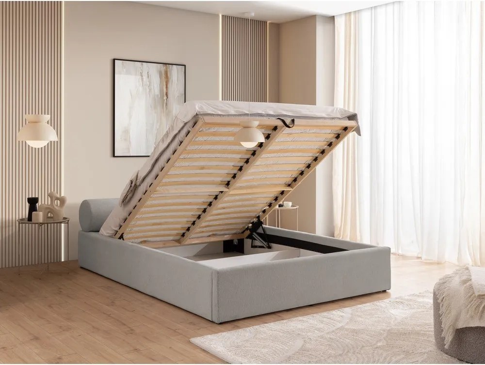 Letto matrimoniale imbottito grigio chiaro con contenitore con rete inclusa 160x200 cm Cille – Ropez