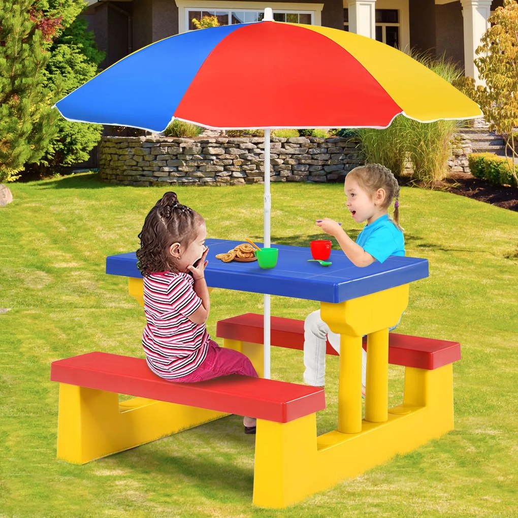 Costway Tavolo da picnic per bambini con parasole pieghevole Set di tavolo e panche per giardino 67x41x47cm Colorato