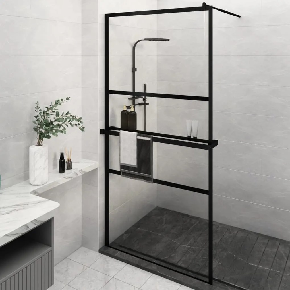 Parete Doccia Con Mensola Nera 115x195 Cm Vetro Esg E Alluminio /