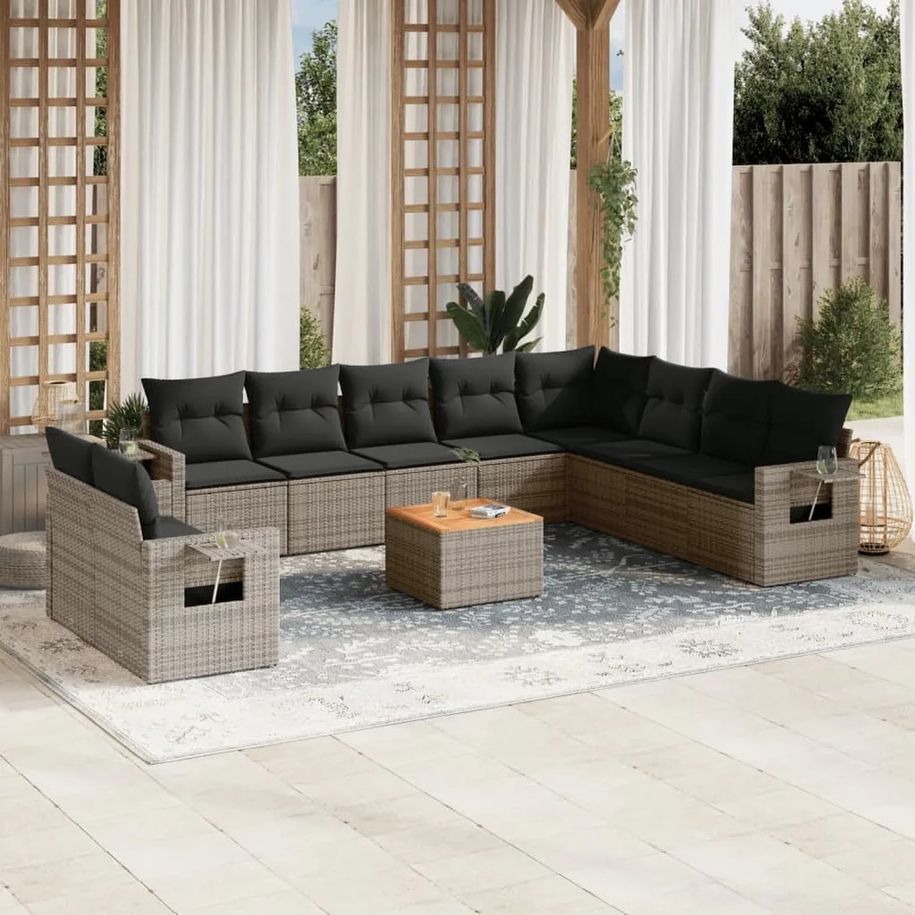 Set divani da giardino 11 pz con cuscini in polyrattan grigio