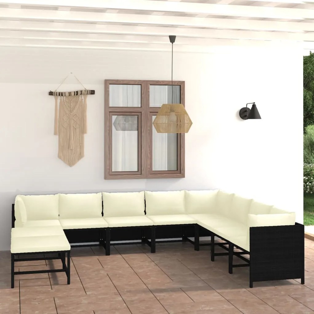 Set divani da giardino 11 pz con cuscini in polyrattan nero