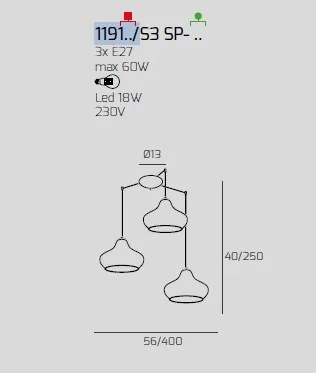 Sospensione cromo 3 luci spostabile vetri (2 x piccolo am + 1 x pic...