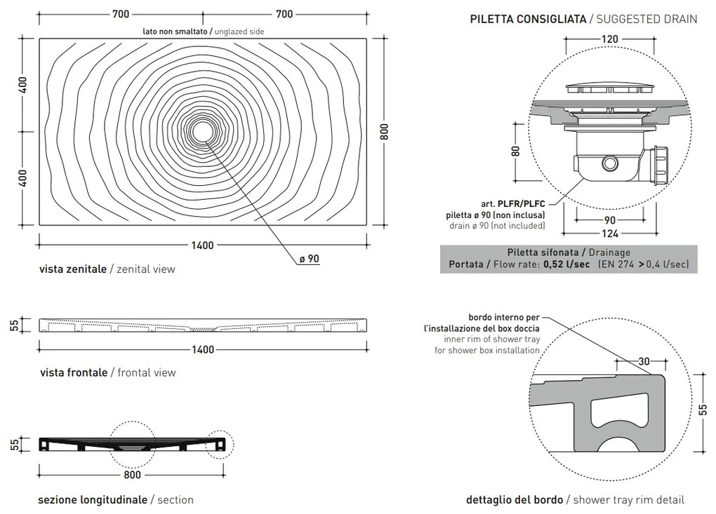 Ceramica Flaminia Water Drop Piatto doccia 140x80 da appoggio incasso filo pavimento in ceramica bianco