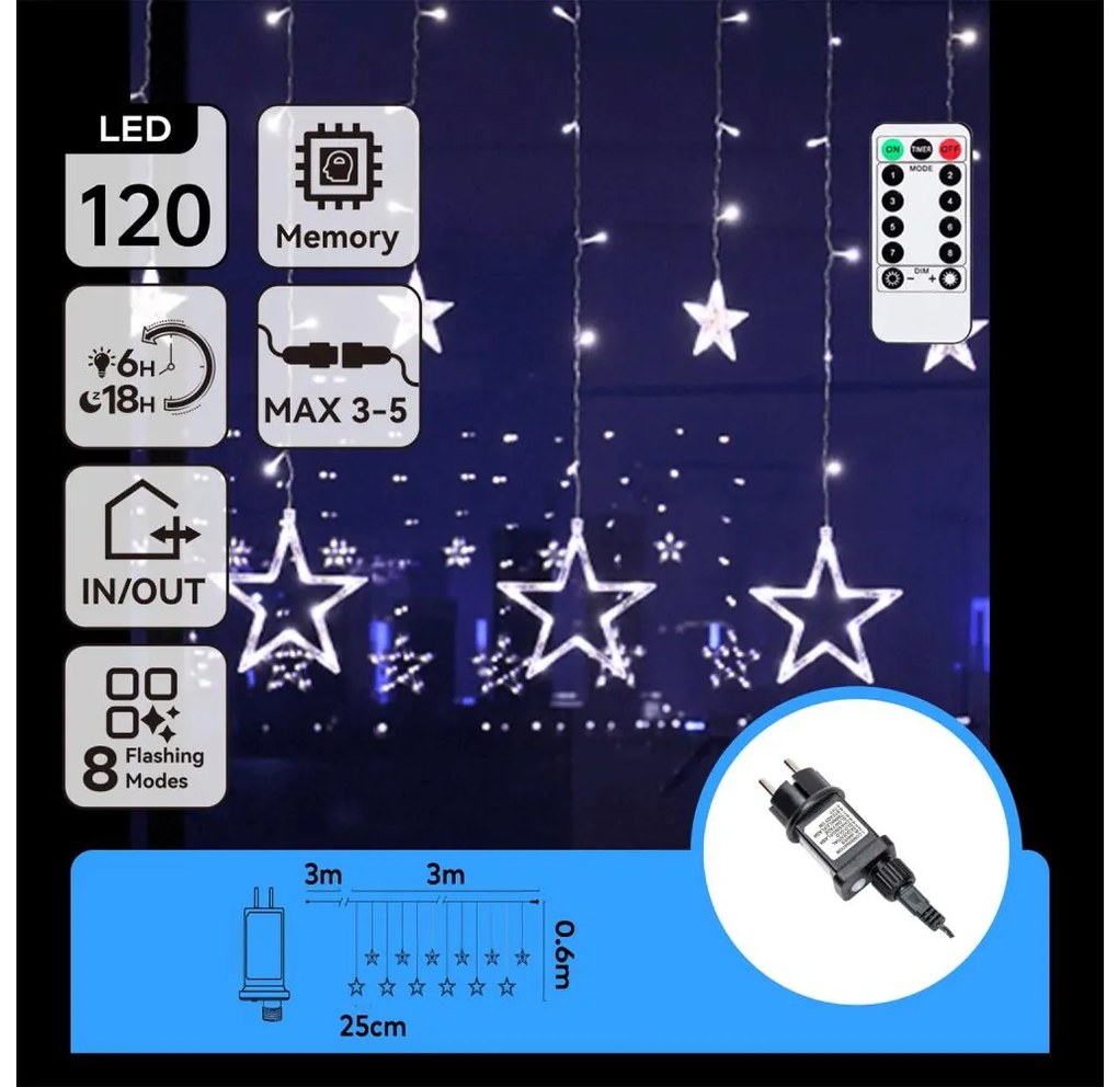 Aigostar - LED catena natalizia per esterni 120xLED/6W/230V/8 funzioni 3x0,6m IP44 bianco freddo+telecomando