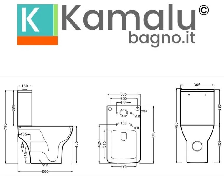 Kamalu - set sanitari monoblocco rimless scarico a parete e soft close | anta-2300