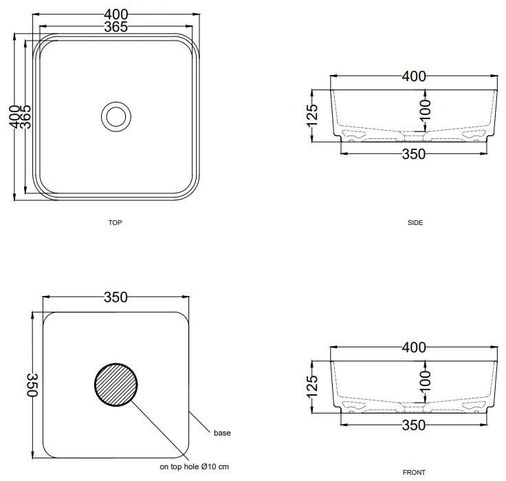 Cielo Shui Comfort lavabo da appoggio 40x40 quadrato senza troppopieno nero marquinia