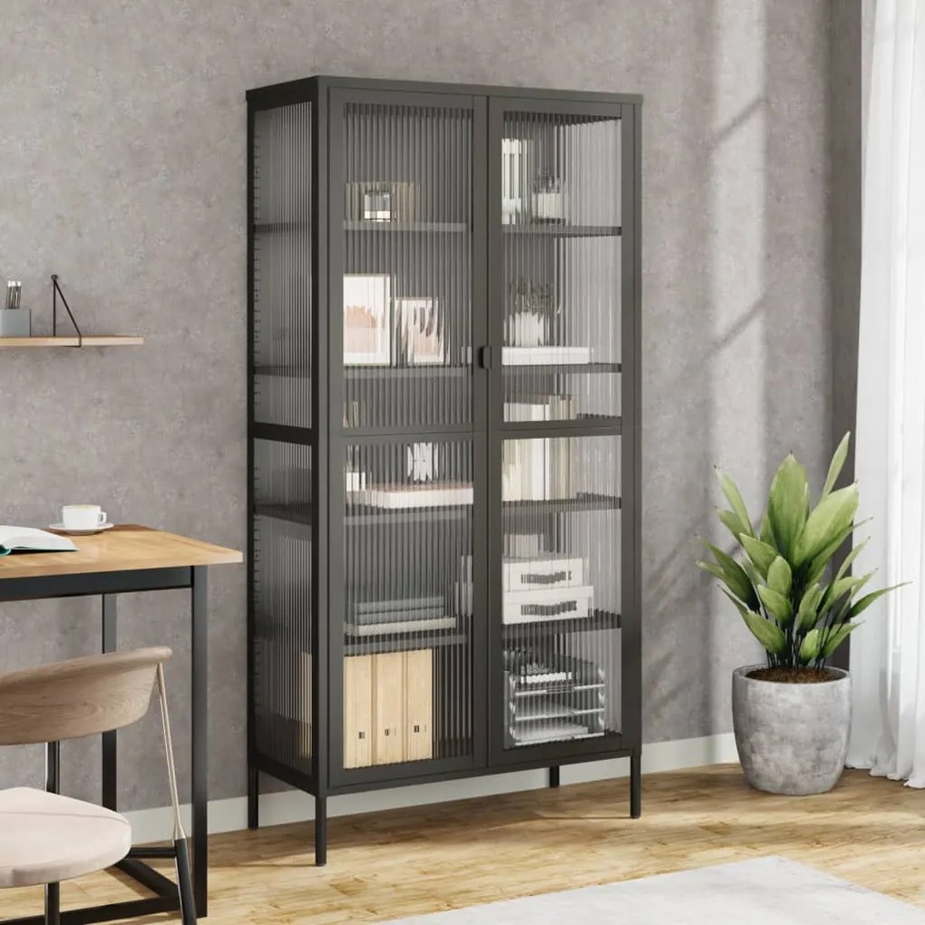 Credenza Nera 85x40x180 Cm Vetro E Acciaio /