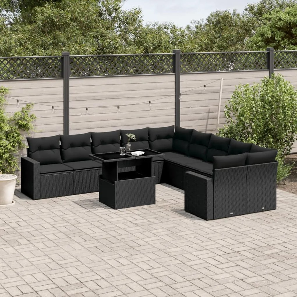 Set divani da giardino 11 pz con cuscini in polyrattan nero