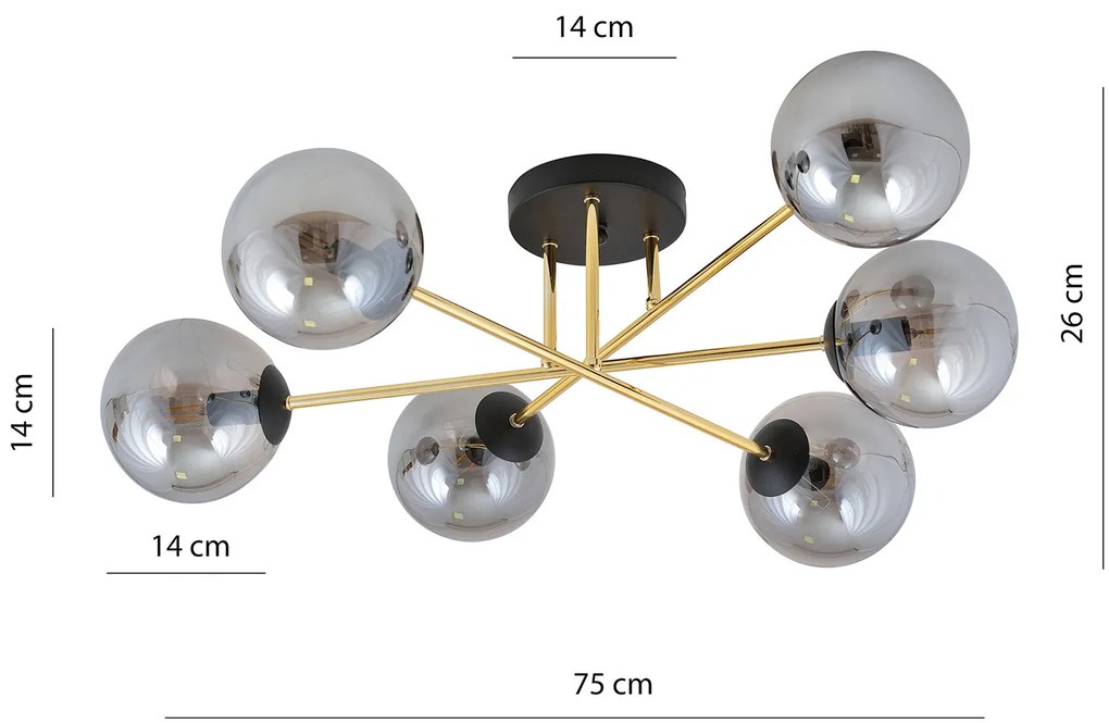 Plafoniera Moderna Magnium 6 Luci In Acciao Oro E Sfere In Vetro Fumè
