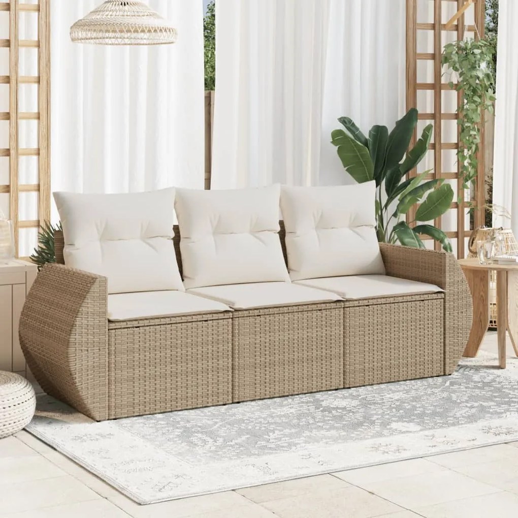 Set divano da giardino 3 pz con cuscini beige in polyrattan