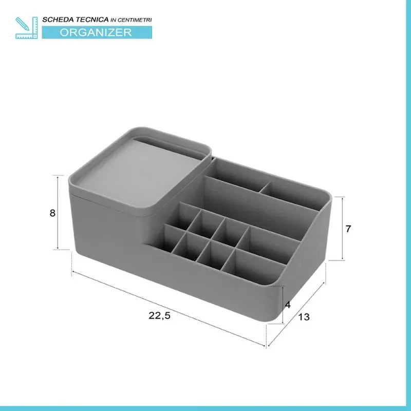 Organizzatore cosmetici e trucco grigio con box con coperchio e 11 scomparti