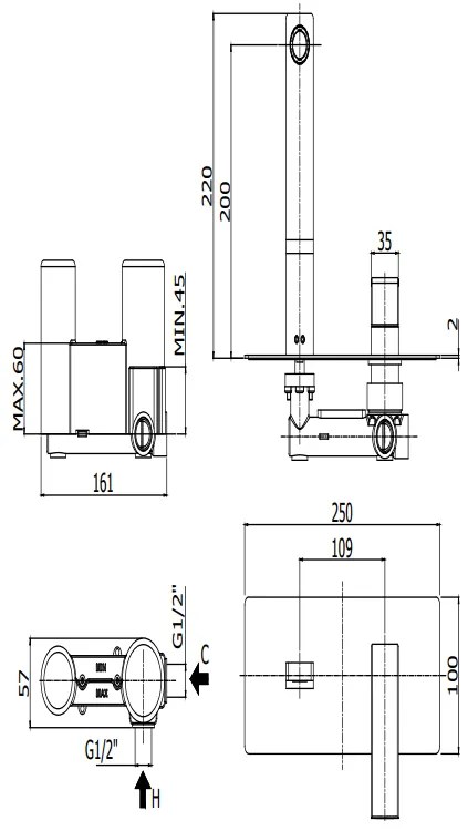 Paffoni Effe Ef104cr Miscelatore lavabo Incasso 2 Fori Con Piastra Rettangolare E Bocca 15 cm Cromo