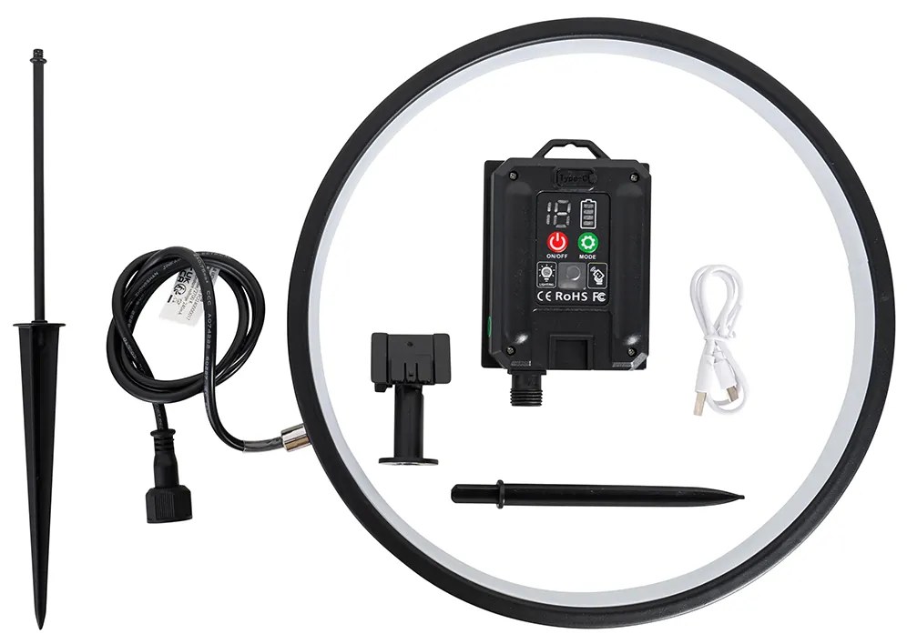 Lampada da esterno nera a punta 60 cm con LED ricaricabile e solare IP65 - Adalind