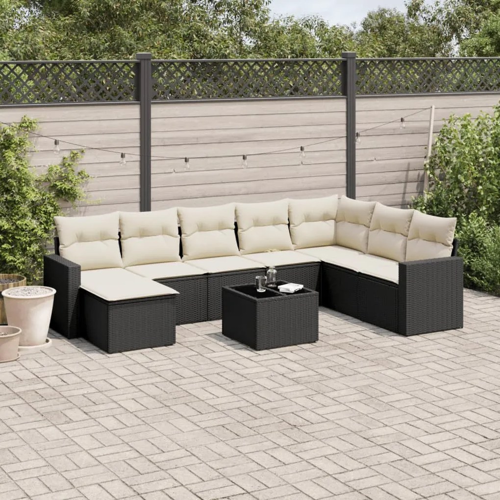 Set divani da giardino 9 pz con cuscini nero in polyrattan