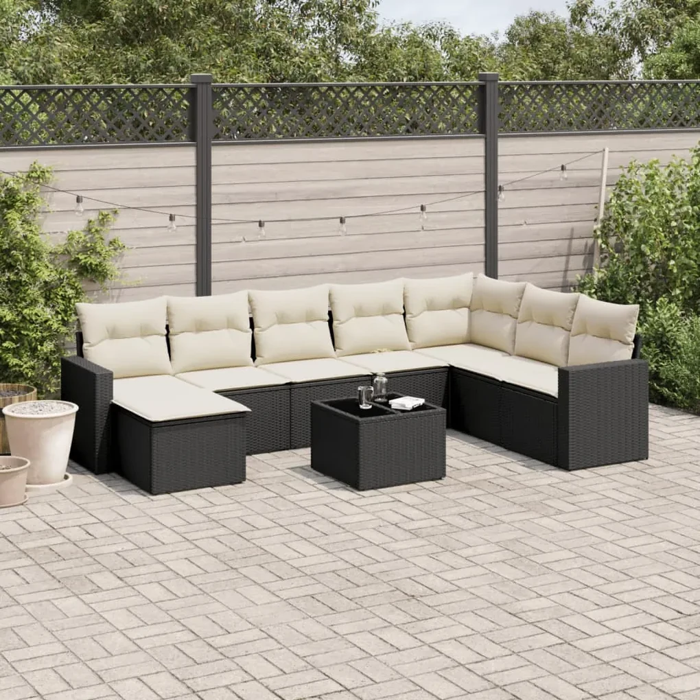 Set divani da giardino 9 pz con cuscini nero in polyrattan
