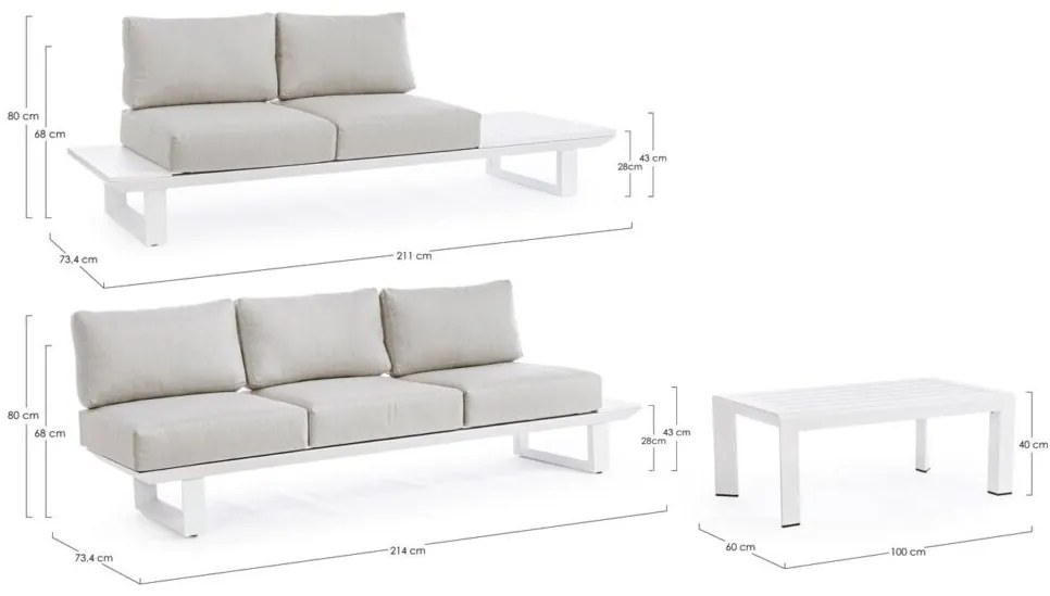 Set salotto KONNOR con 2 divani e 1 tavolino in alluminio bianco