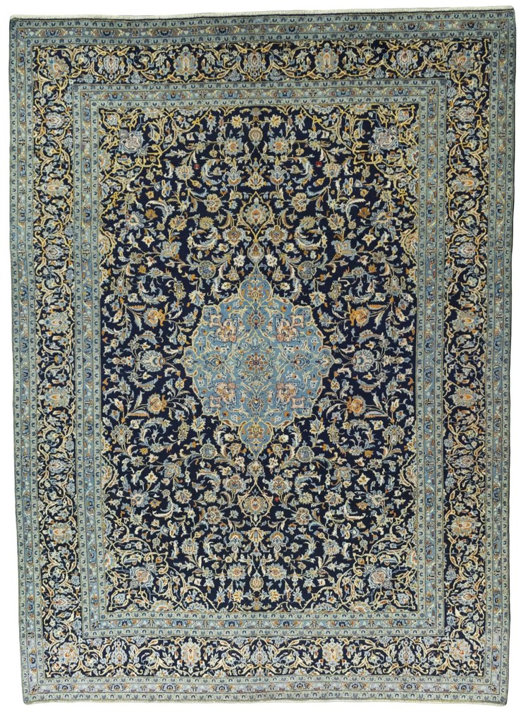 Kashan Tappeto 410x300 Blu (Iran) Annodato A Mano