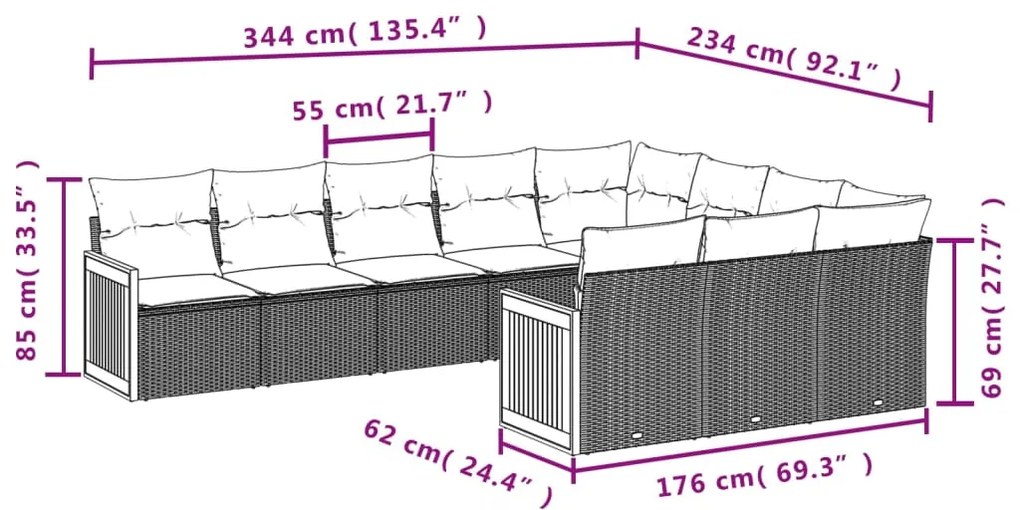 Set Divani da Giardino 10pz con Cuscini in Polyrattan Nero