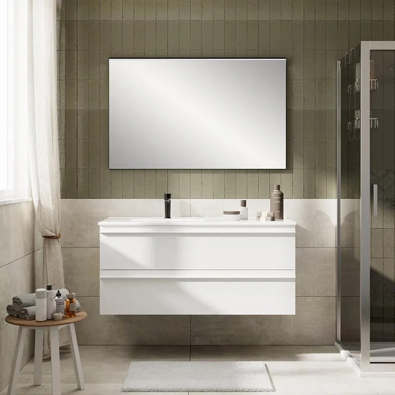 Mobile Linea L120 H55 P45 laccato bianco opaco 2 cassetti a chiusura ammortizzata e lavabo ceramica vasca SX