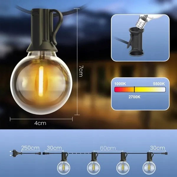 Catena luminosa da esterno a LED dimmerabile 25xE12/1W/24/230V 17,5 m IP65 nera + telecomando