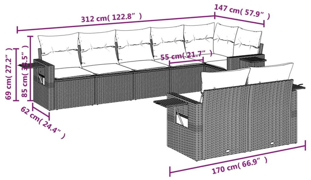 Set divani da giardino con cuscini 8 pz nero in polyrattan