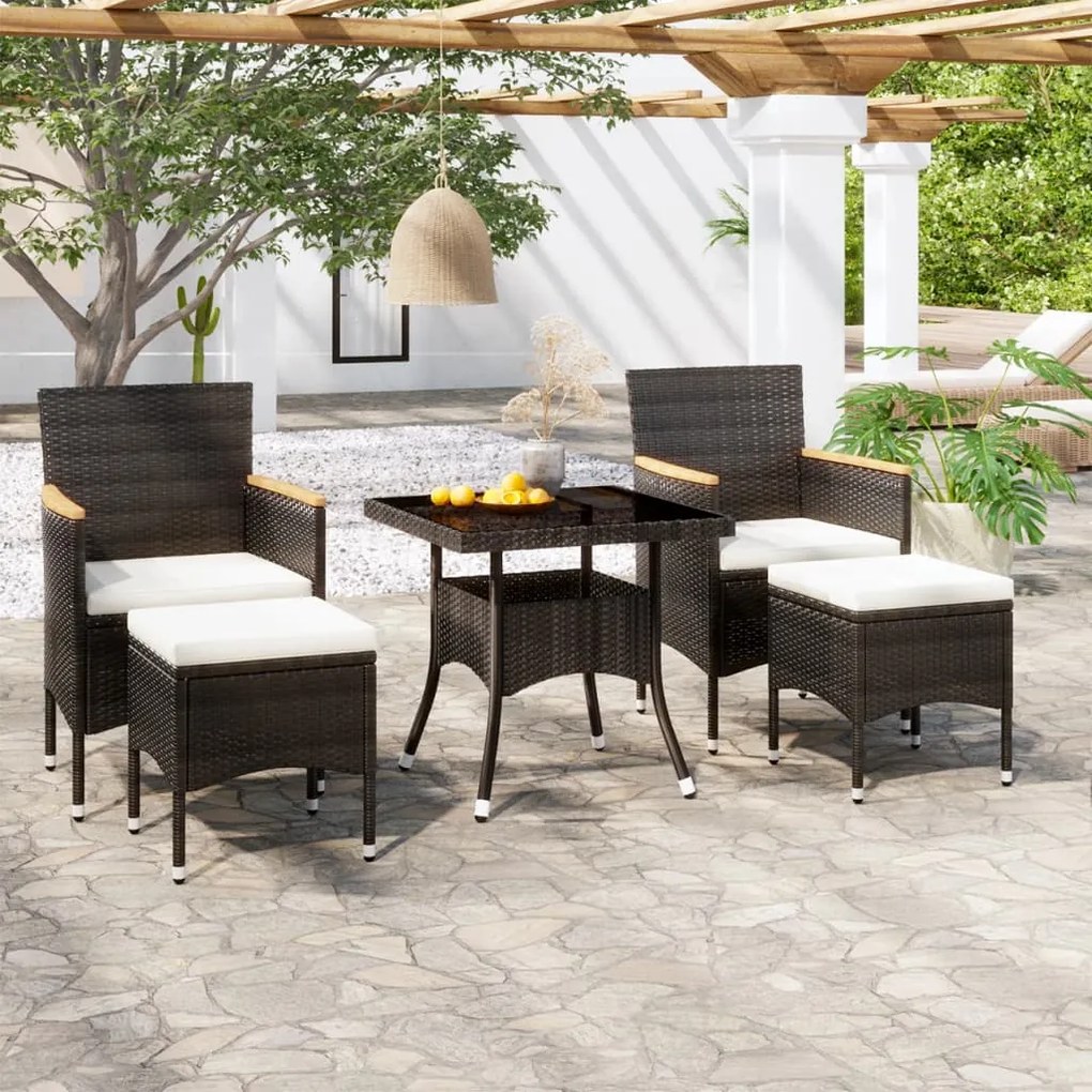 Set da pranzo per giardino 5 pz polyrattan vetro temperato nero