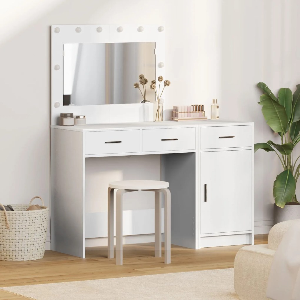 Set da tavolo da trucco a 2 pezzi con led in legno ingegnerizzato bianco