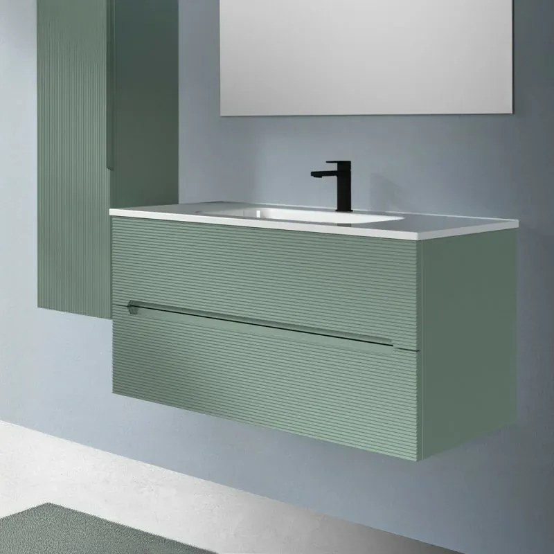 Mobile bagno sospeso 100 verde cannettato 2 cassetti lavabo e specchio Rigo