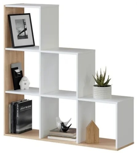 Libreria In Legno Design Moderno Bianco E Rovere 108x28xH110 Cm Mensole A Scaletta