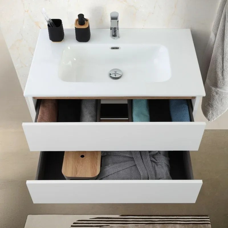 Mobile bagno sospeso 80 cm bianco e rovere con cassetti soft-close Kleo