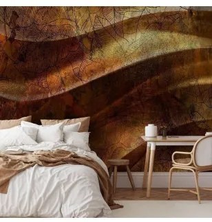 Carta da parati - Liquid gold - abstract wavy composition with leaf patterns Premium 350x256