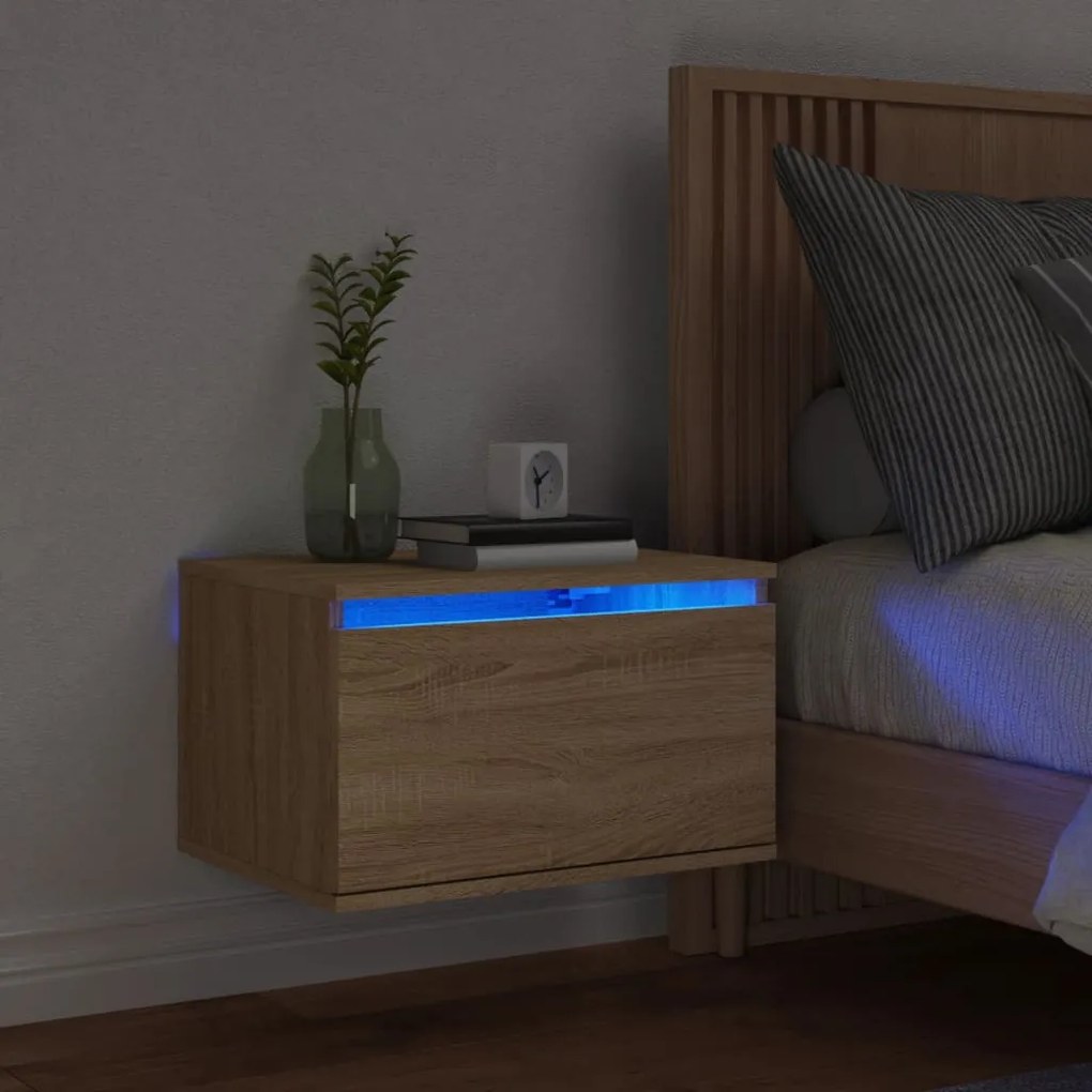 Comodino A Parete Con Luci Led Rovere Sonoma /