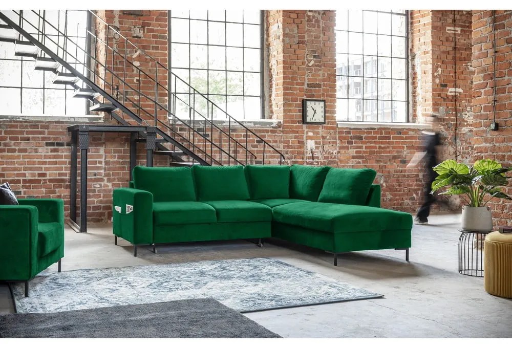Divano letto angolare in velluto verde scuro (angolo destro) Lofty Lilly - Miuform