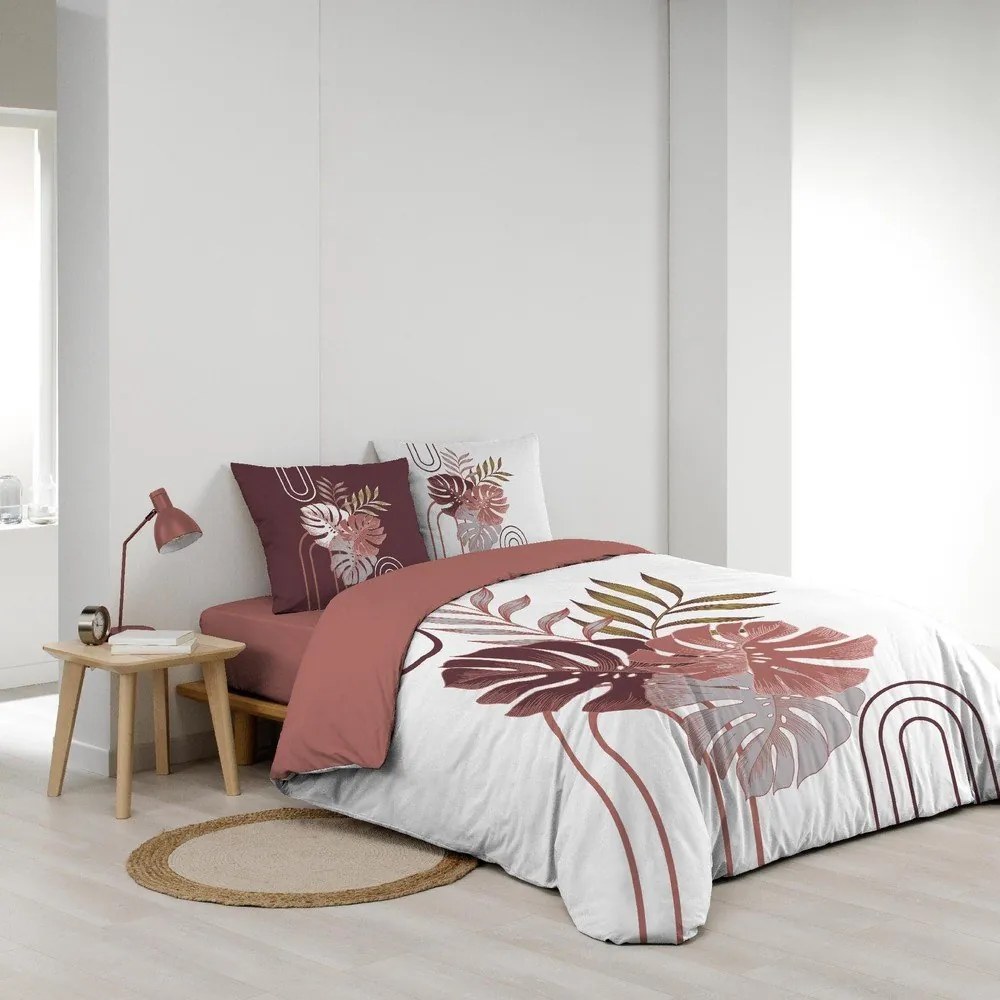 Set copripiumino e federa bianco/rosa in cotone per letto matrimoniale ed esteso 240x220 cm Astria – douceur d'intérieur