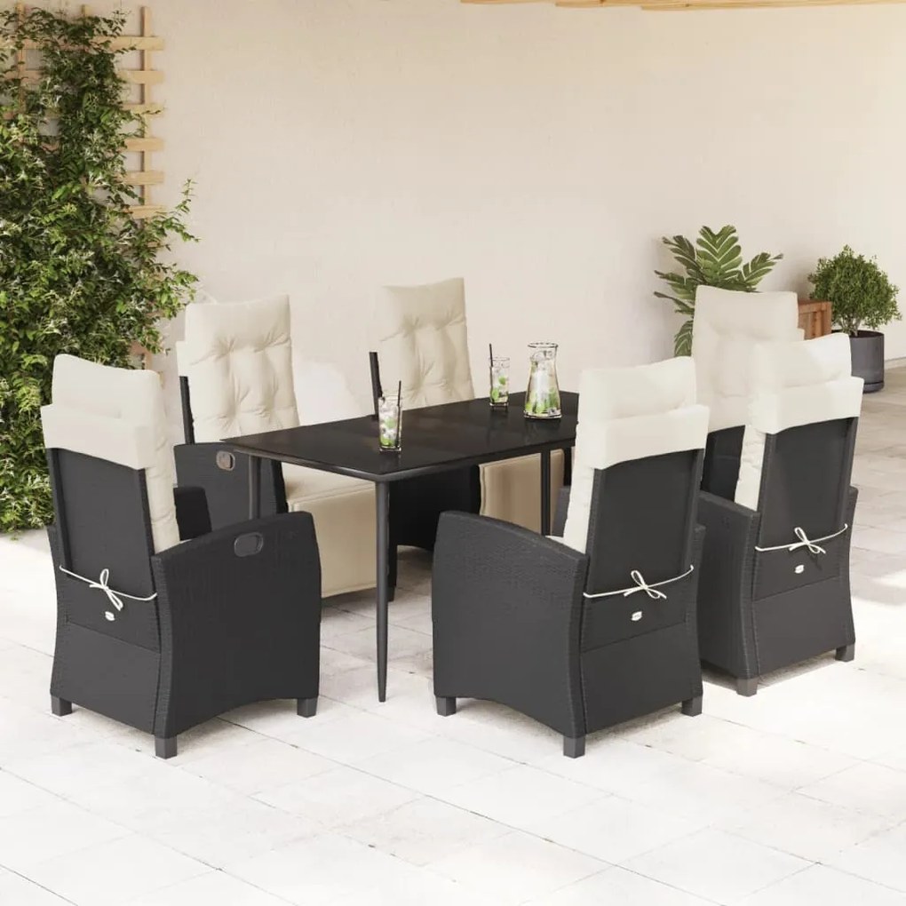 Set da pranzo da giardino 7 pz nero con cuscini in polyrattan