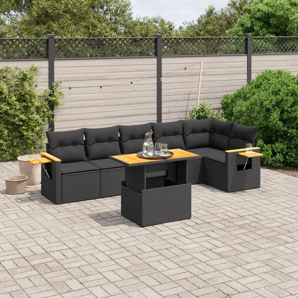 Set divani da giardino con cuscini 7pz nero polyrattan