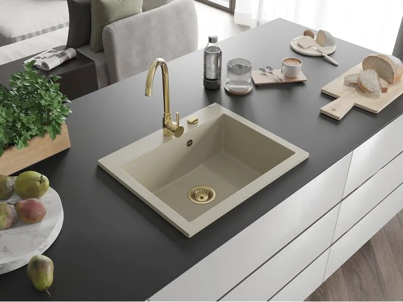 Mexen Elix lavello in granito a 1 vasca 600 x 500 mm, beige, sifone dorato - 6525601005-69-G