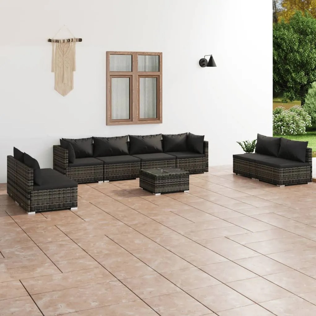 Set Divani da Giardino 9 pz con Cuscini in Polyrattan Grigio