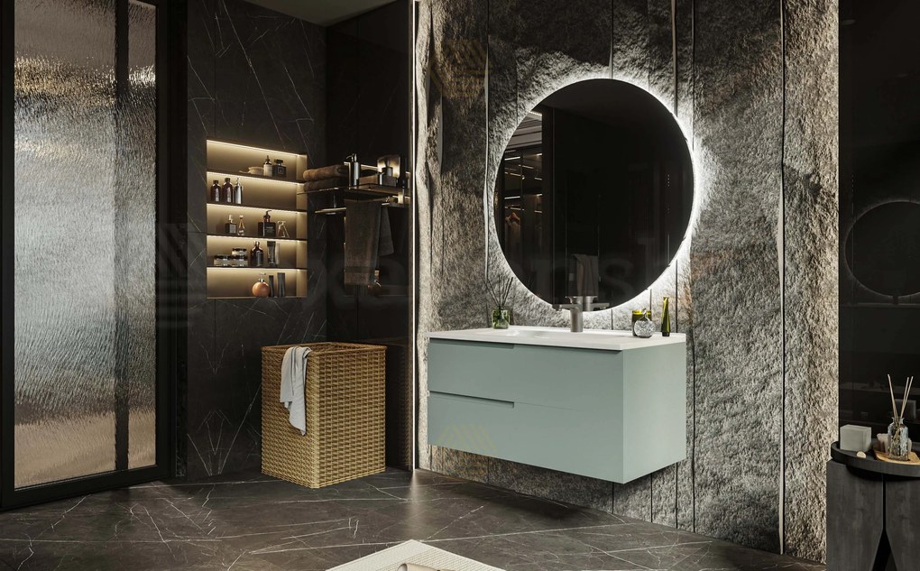 Mobile bagno salvia opaco 90x46 Sorrento due cassetti con maniglia sinistra e lavabo in ceramica