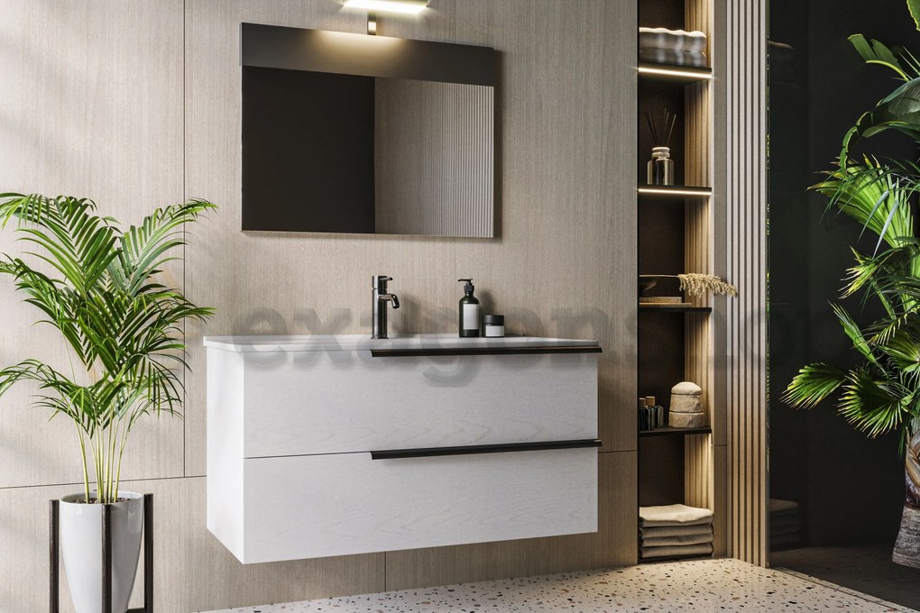 Mobile bagno Ice 100X47 Elisa due cassetti 100x47 cm con lavabo e Specchio A Filo con Lampada