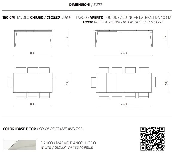 Tavolo allungabile 240 cm ULISSE con top grčs porcellanato effetto Marmo Bianco