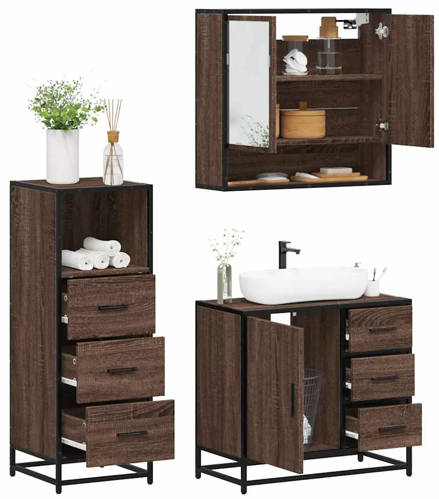 Set Mobili Da Bagno 3 Pz Rovere Marrone İn Legno Multistrato /